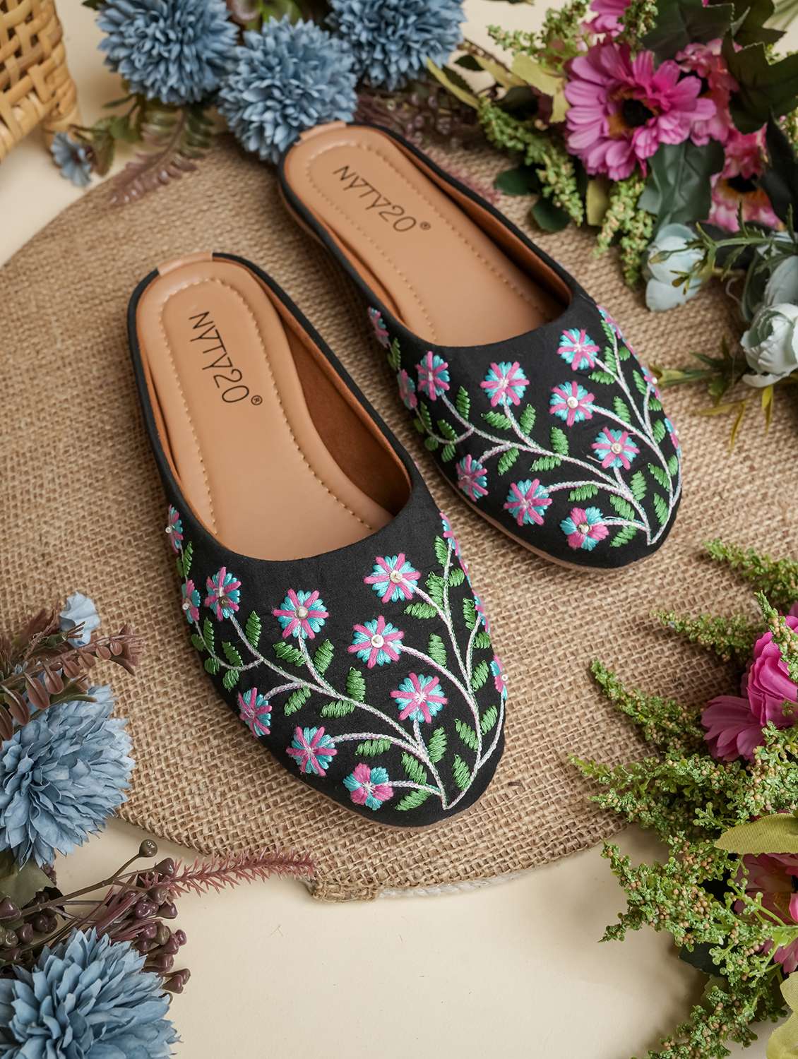 women embroidered slip on mules