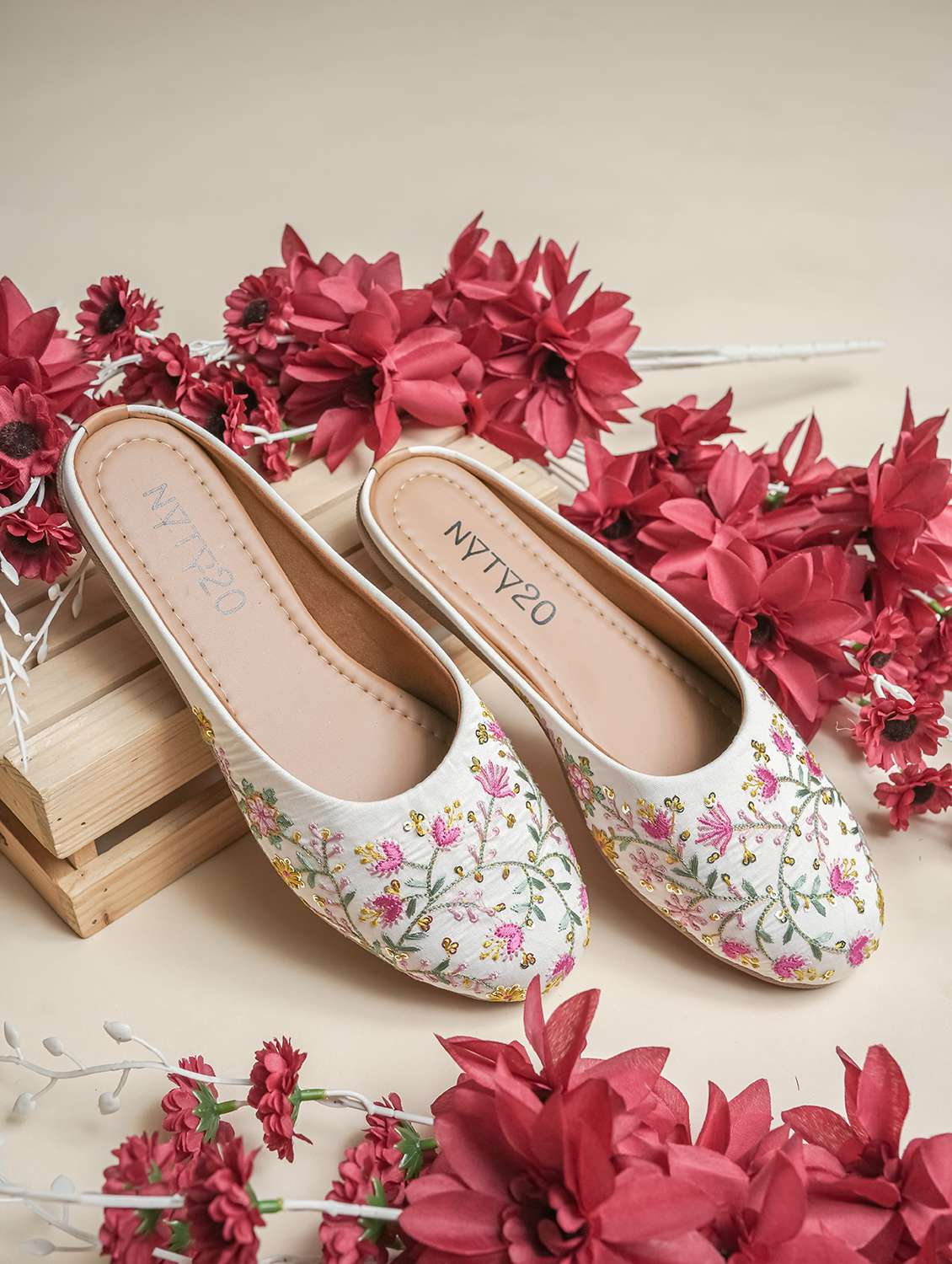 women embroidered slip on mules