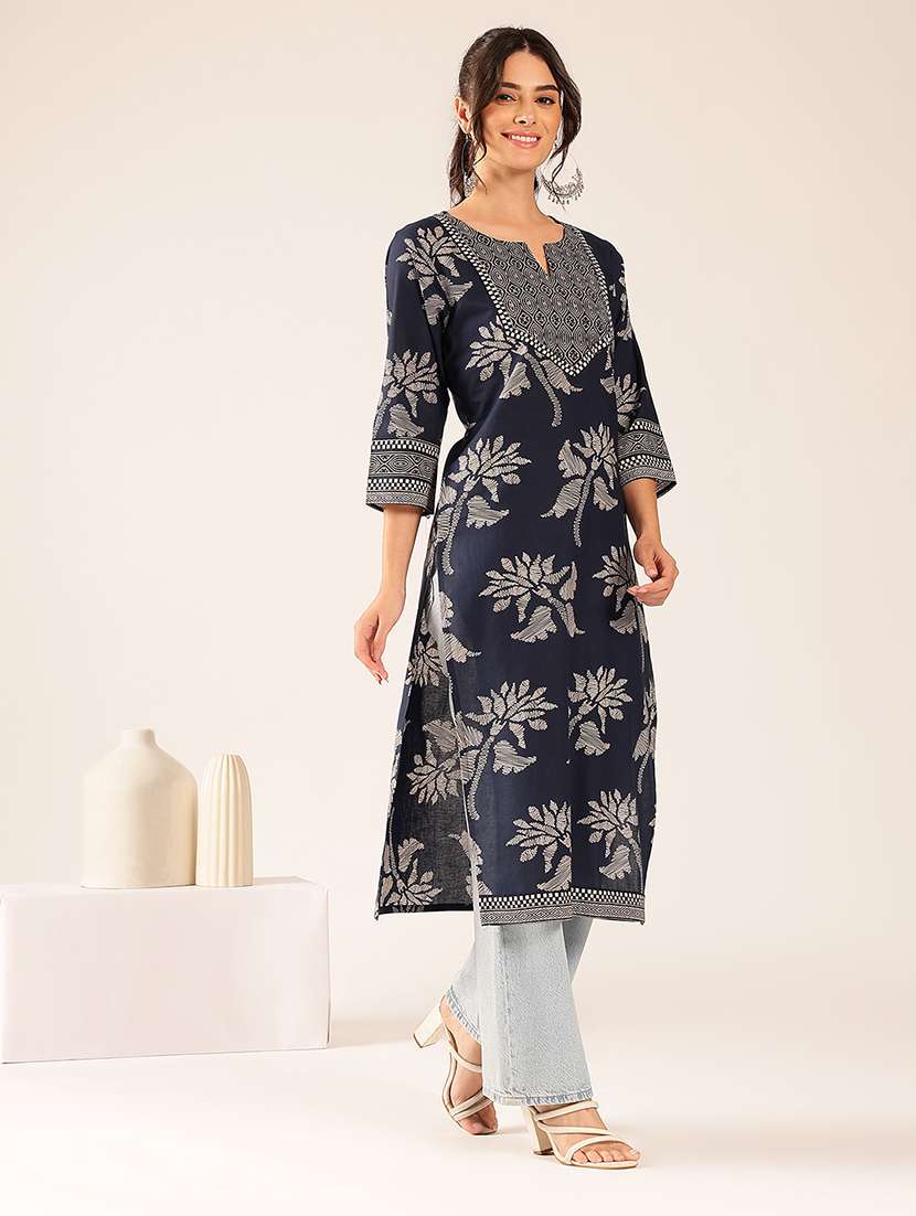 women printed three quarter sleeves straight kurta - 22569505 -  Standard Image - 3