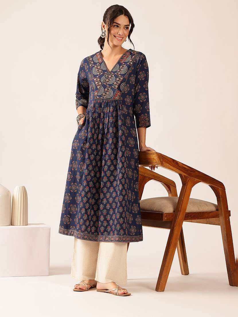 women printed three quarter sleeves a-line kurta
