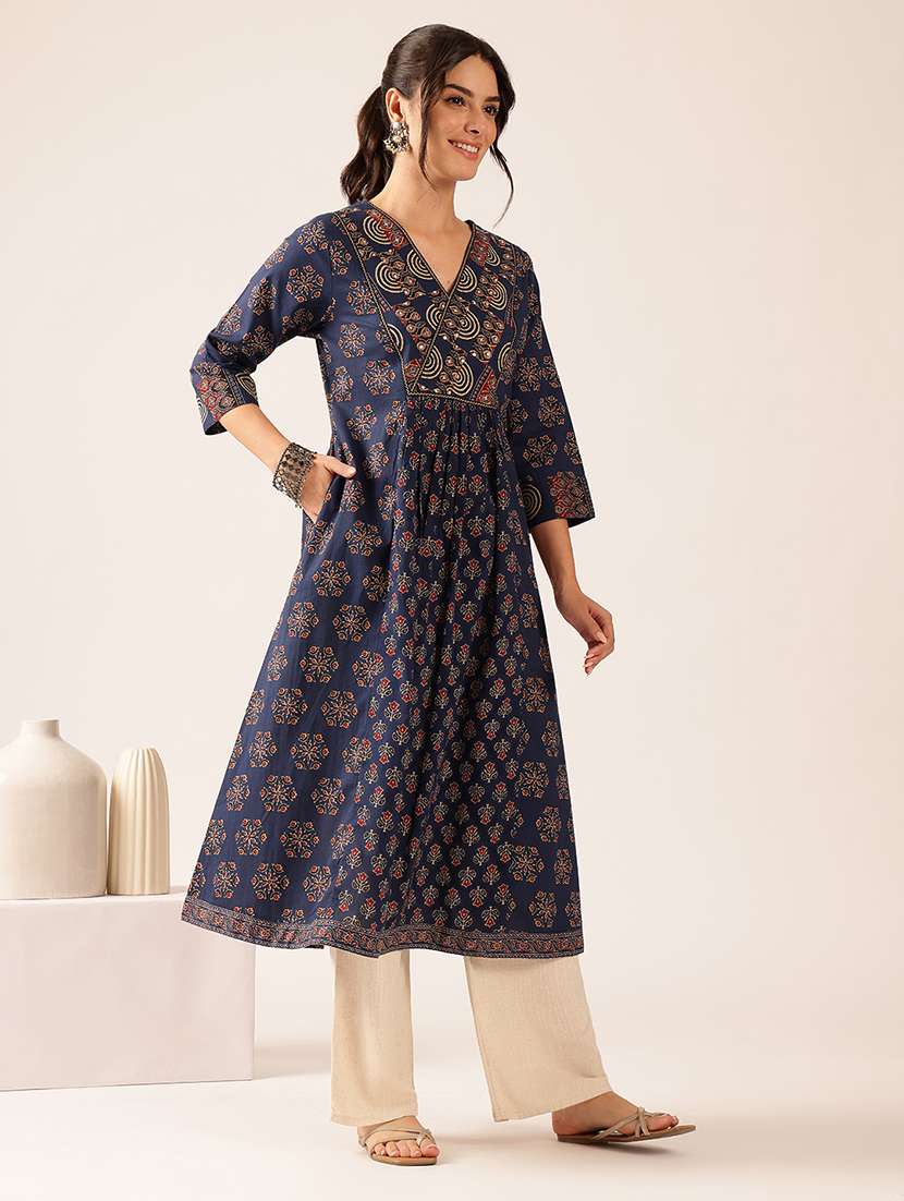 women printed three quarter sleeves a-line kurta - 22569508 -  Standard Image - 3