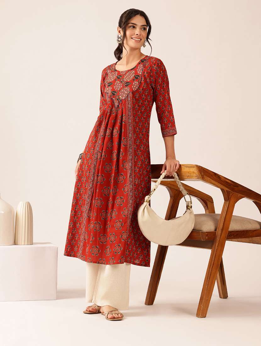 women printed three quarter sleeves a-line kurta