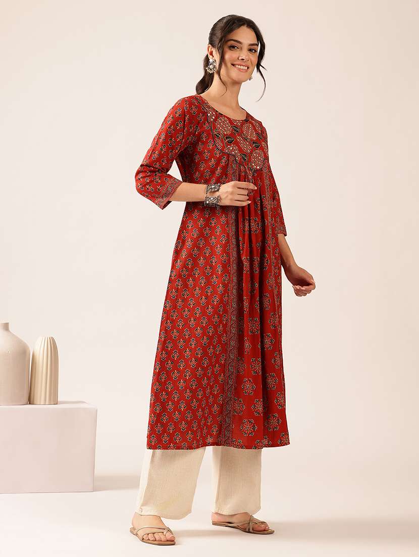 Women Printed Three Quarter Sleeves A-line Kurta - 22569512 -  Standard Image - 3
