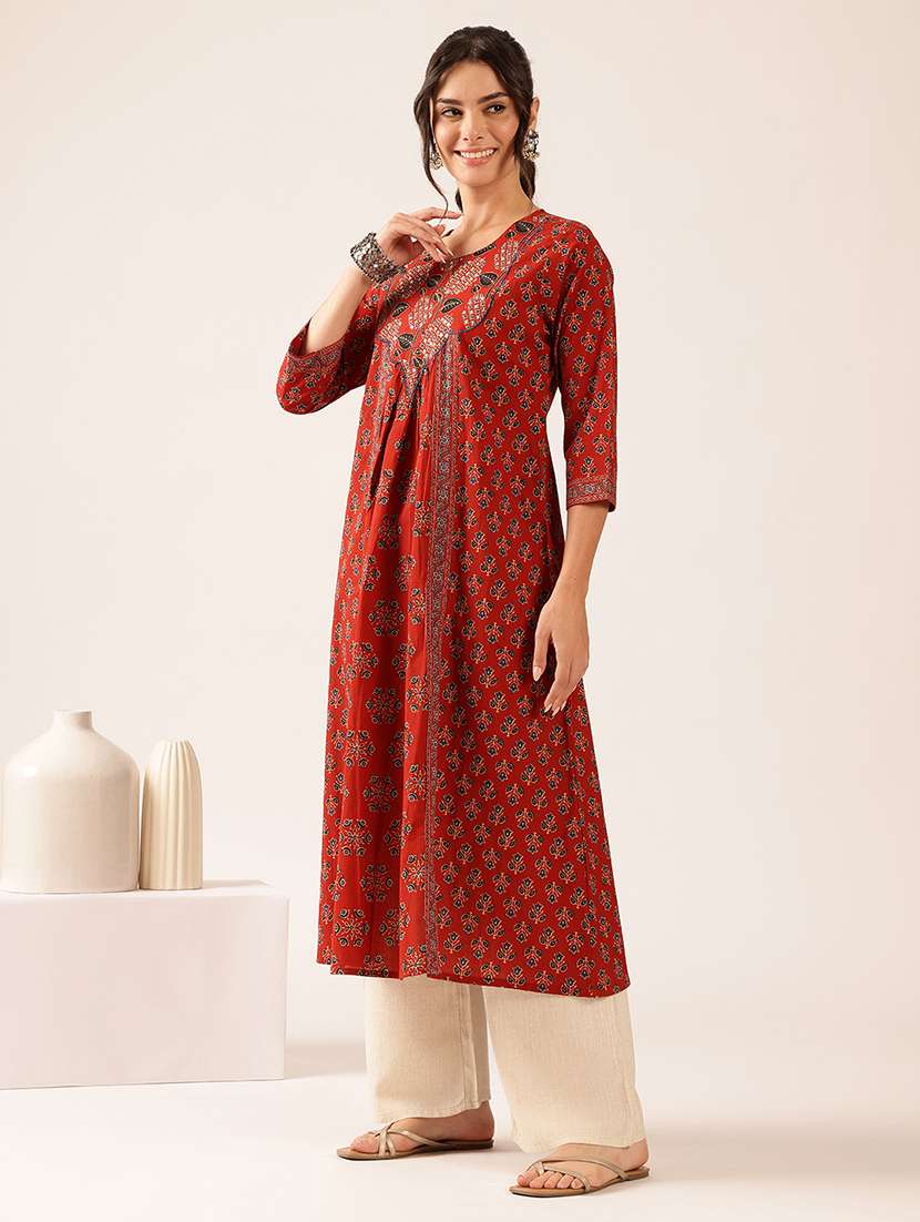 Women Printed Three Quarter Sleeves A-line Kurta - 22569512 -  Standard Image - 5