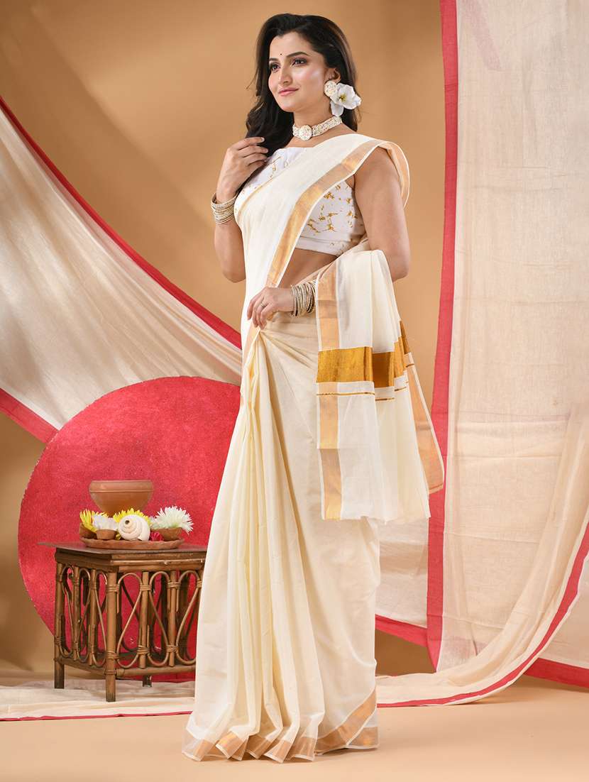 women solid kasavu saree with blouse - 22569687 -  Standard Image - 3