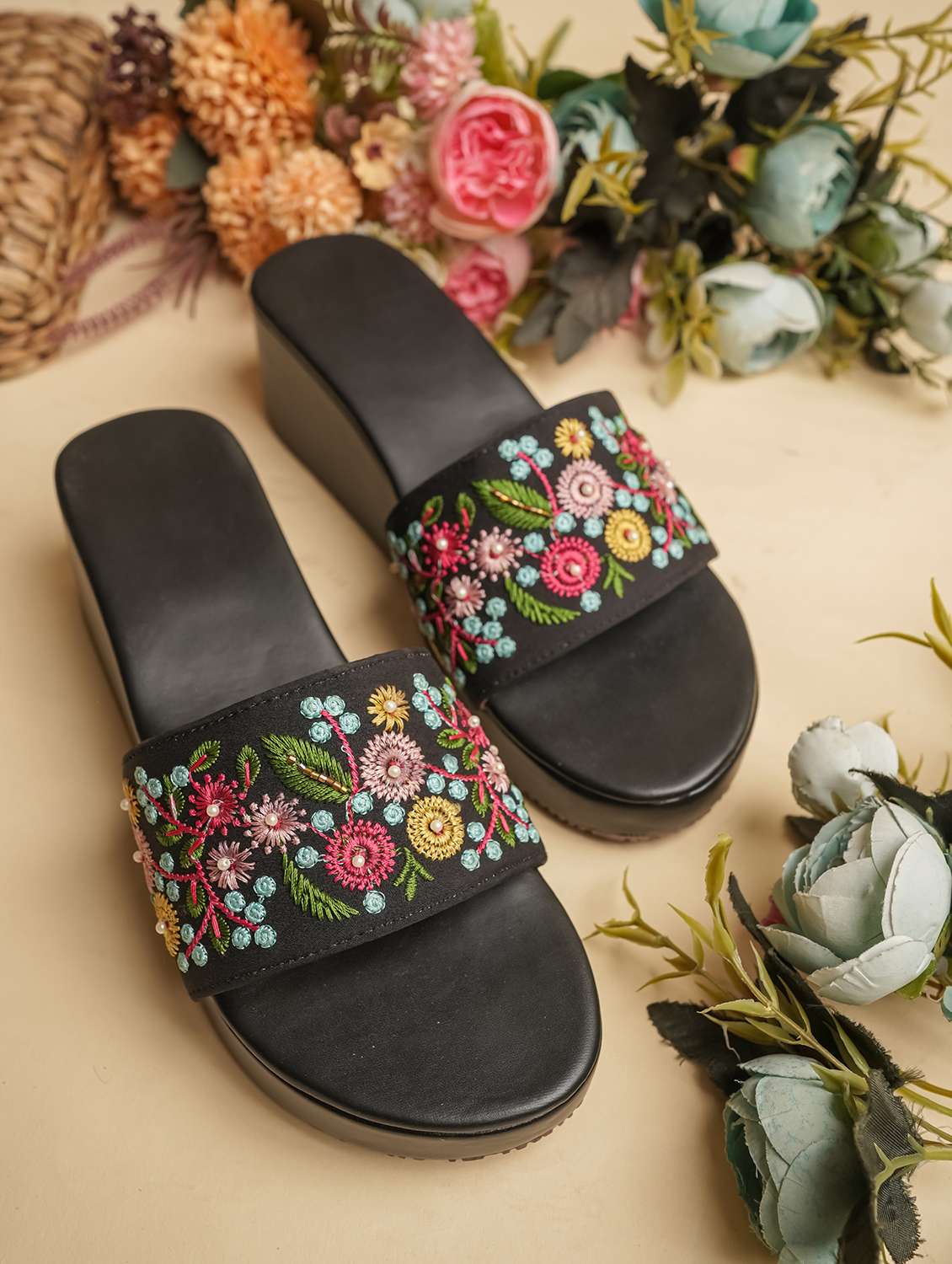 women embroidered slip on wedges