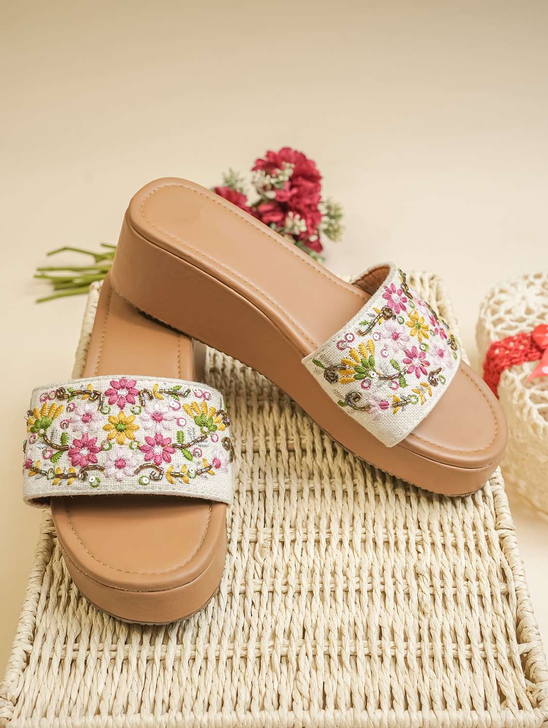 women embroidered slip on wedges