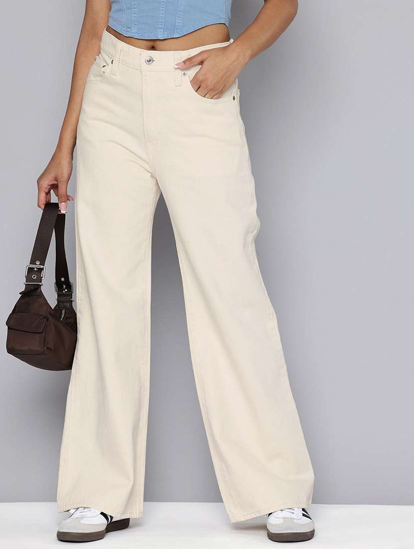 women solid high rise wide leg jeans