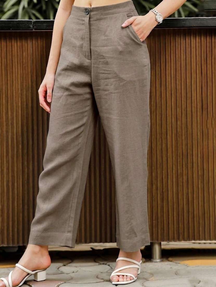 women solid high rise straight trouser