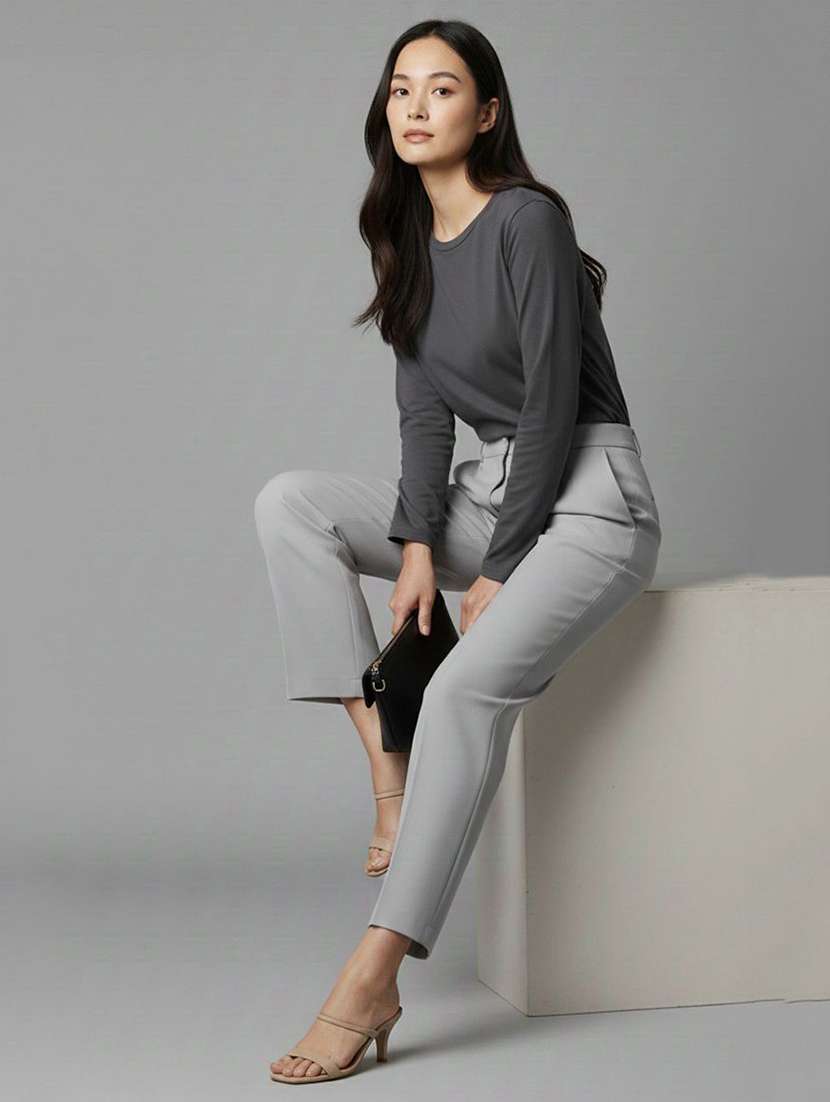 women solid high rise straight trouser - 22570355 -  Standard Image - 3