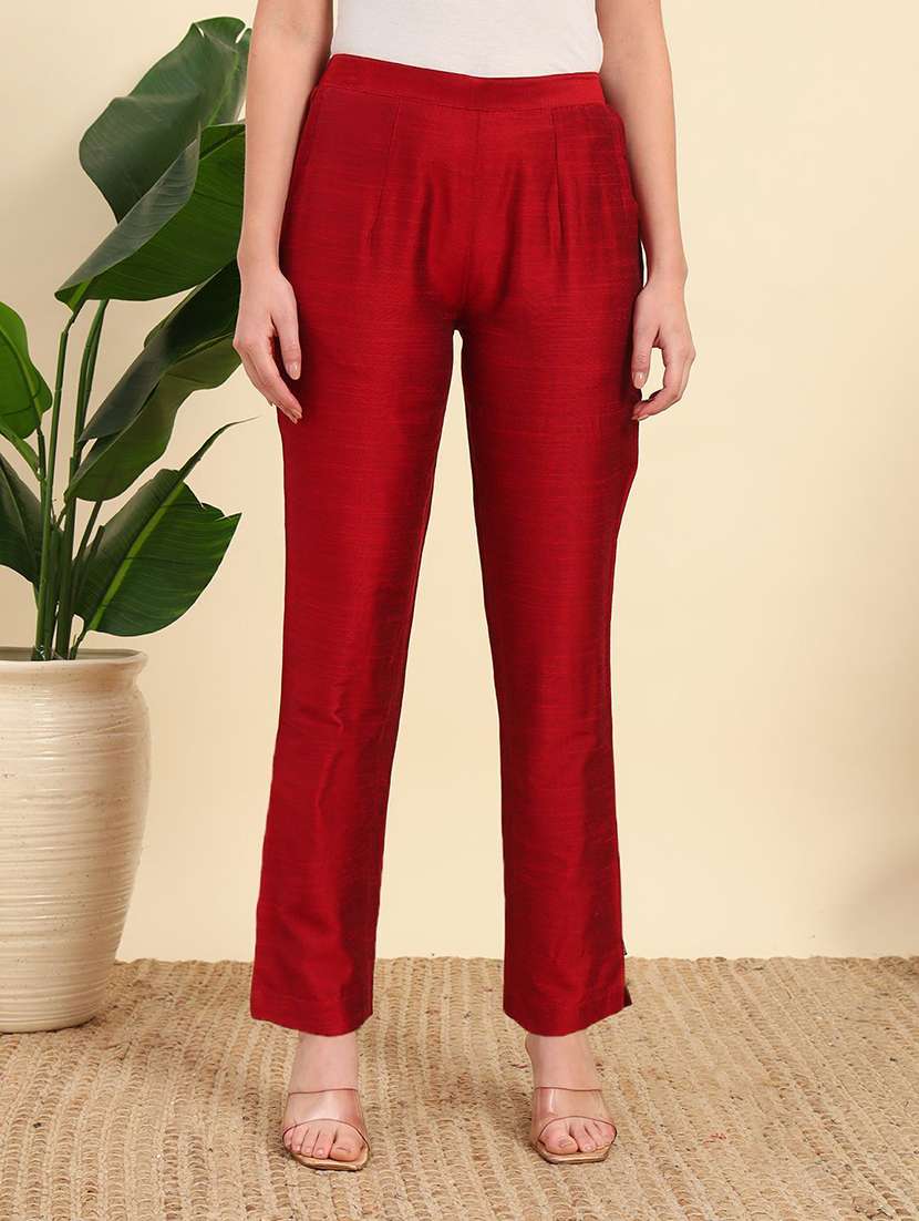 women solid mid rise straight pant