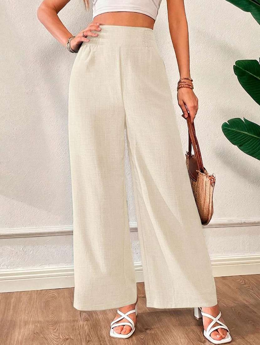 women solid high rise wide leg trouser