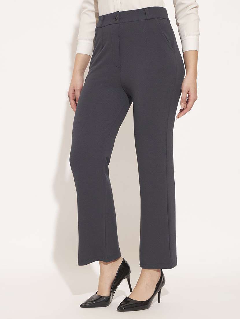 women solid high rise straight trouser