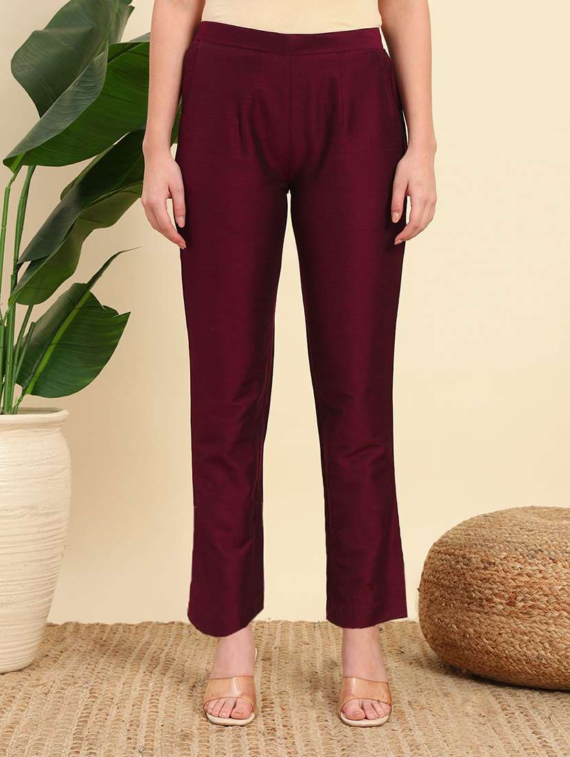 women solid mid rise straight pant