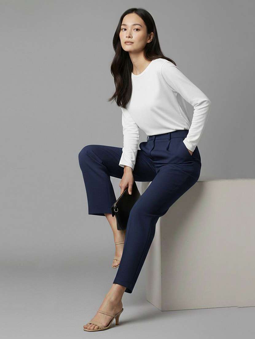 women solid high rise straight trouser - 22570373 -  Standard Image - 3