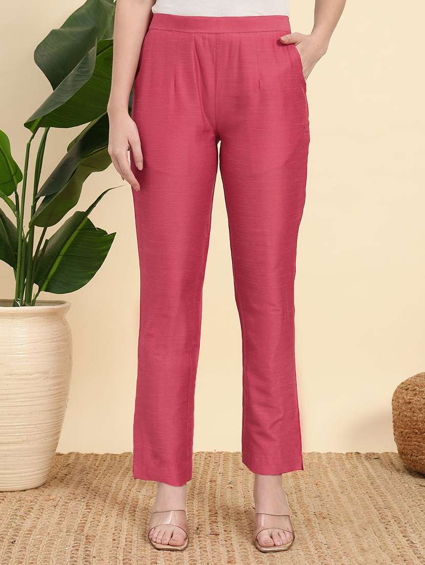 women solid mid rise straight trouser