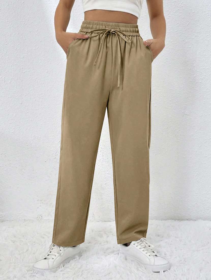women solid high rise straight trouser