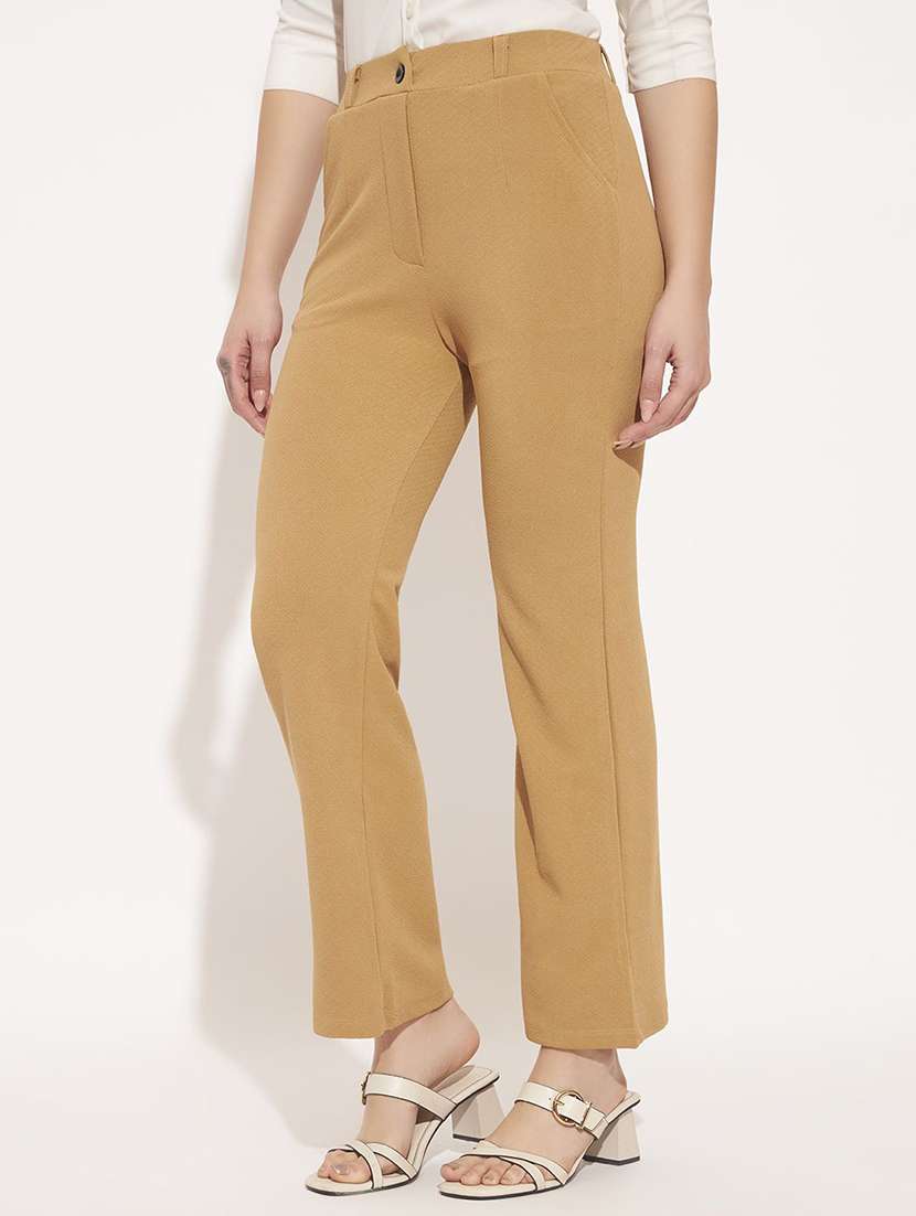 women solid mid rise straight trouser