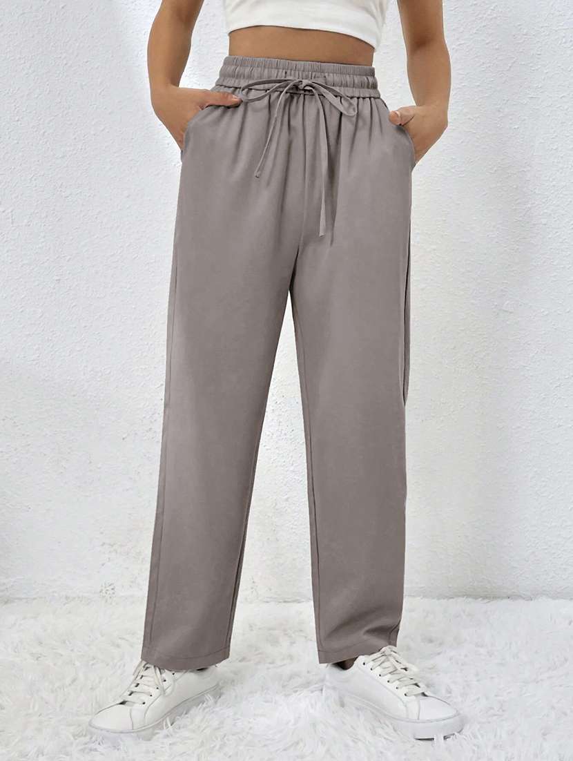 women solid high rise straight trouser