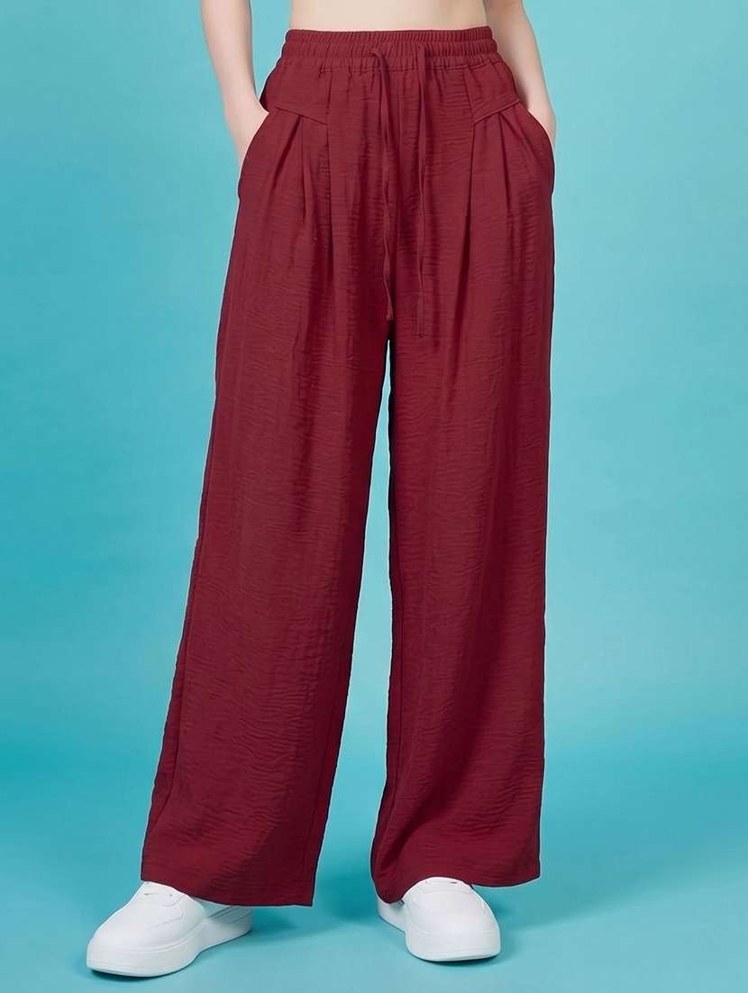 women solid high rise wide leg trouser