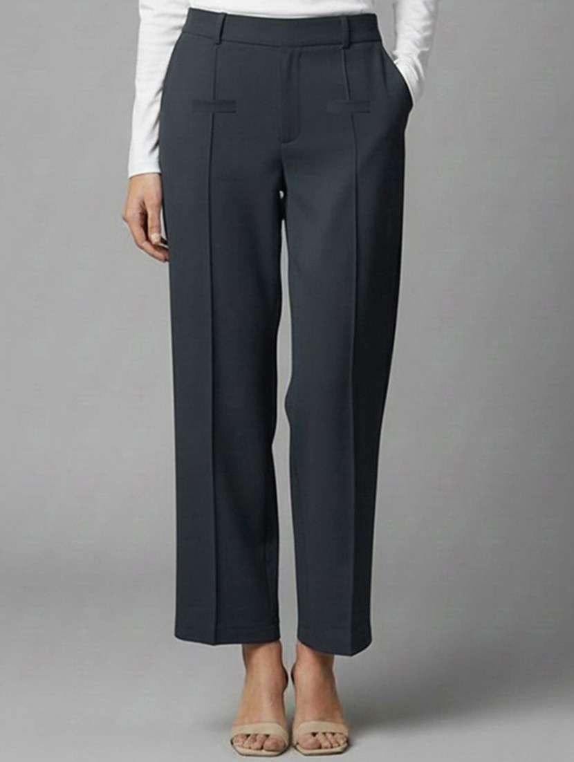 women solid high rise straight trouser