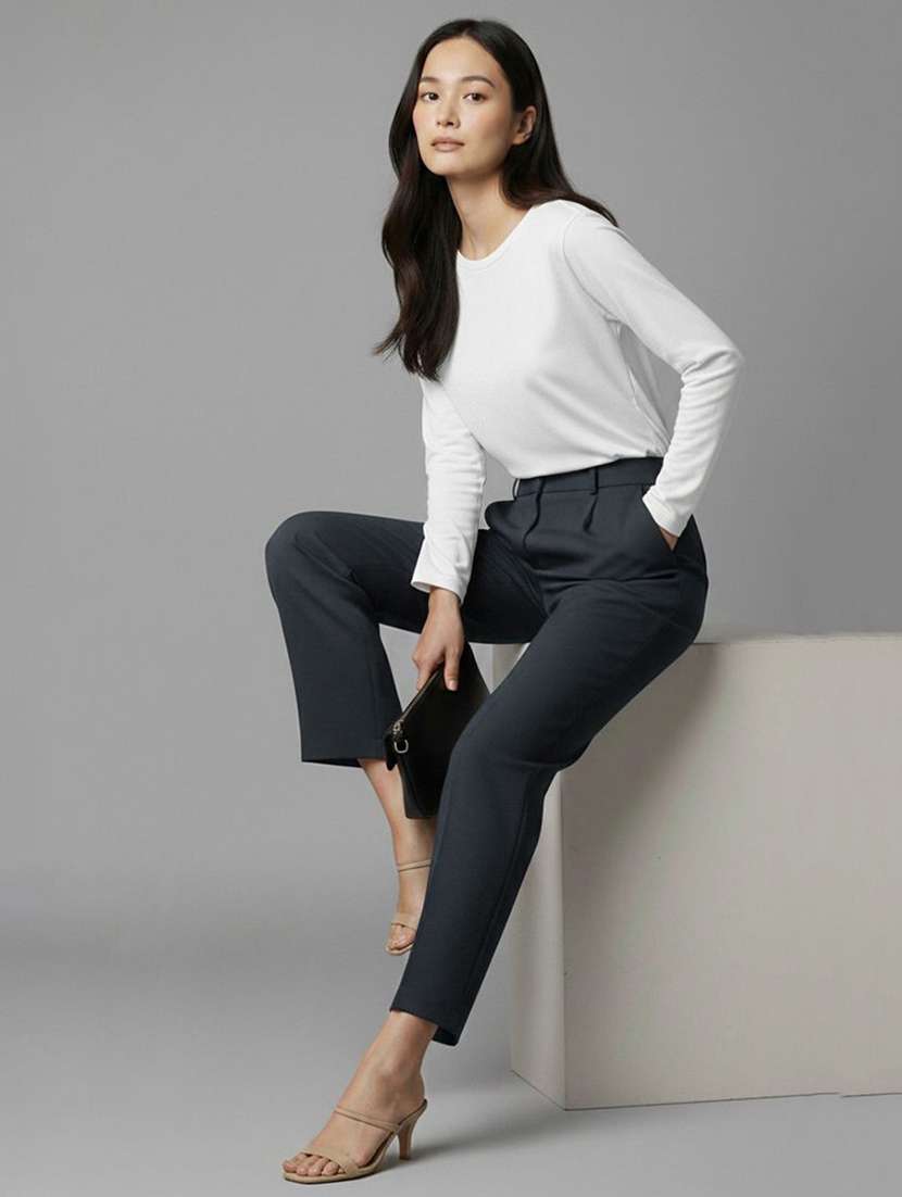 women solid high rise straight trouser - 22570404 -  Standard Image - 3