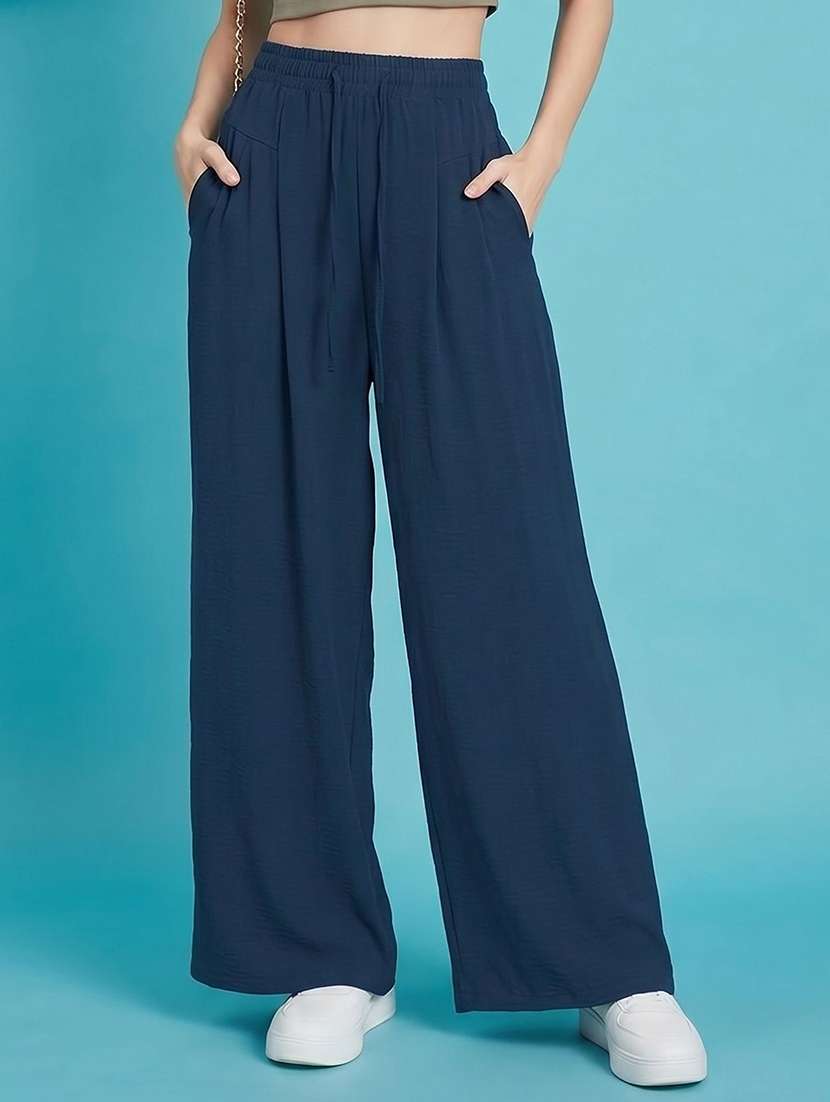 women solid high rise wide leg trouser