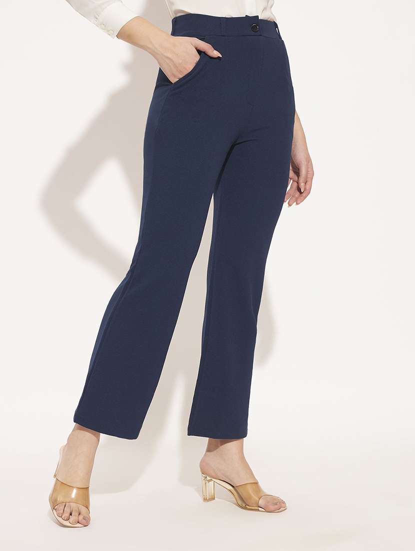women solid mid rise straight trouser
