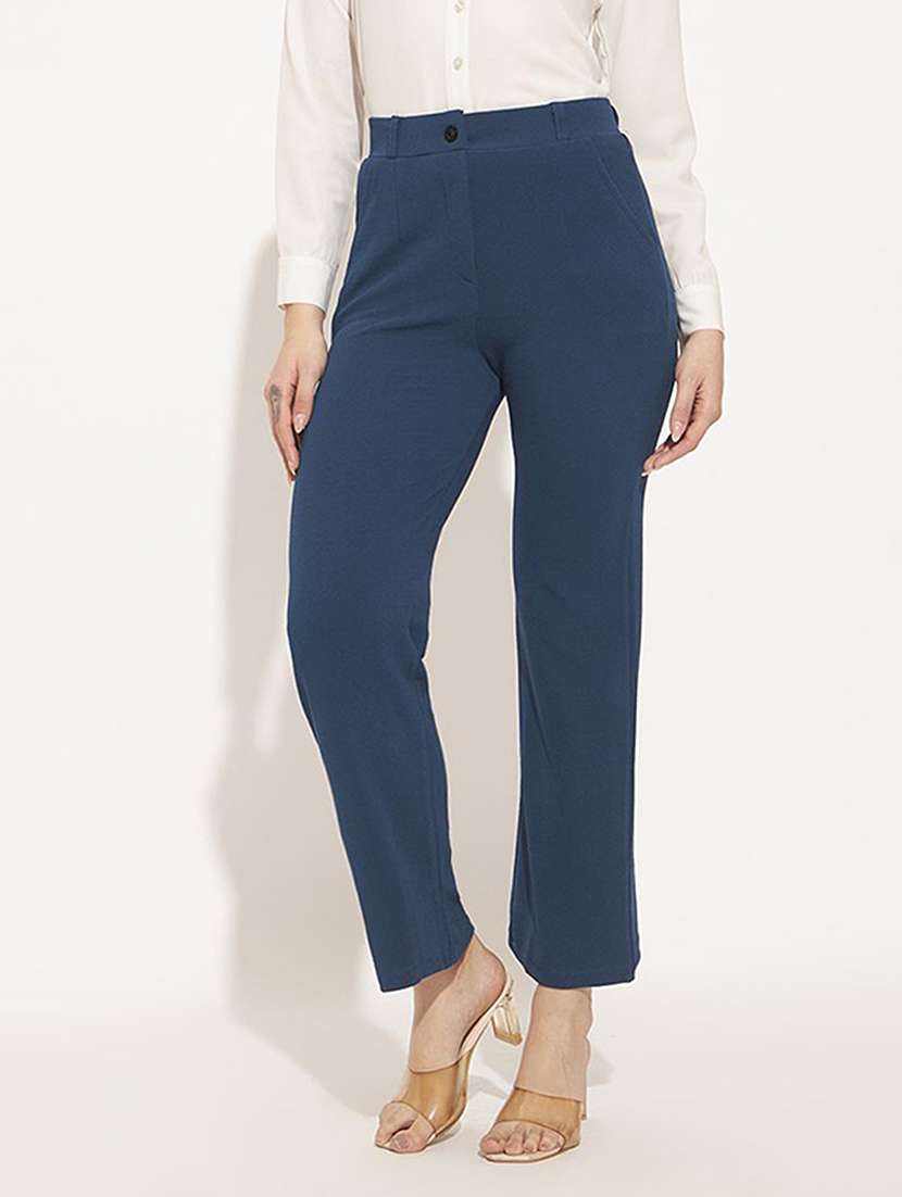 women solid high rise straight trouser