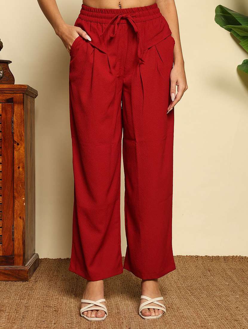 women solid high rise wide leg trouser