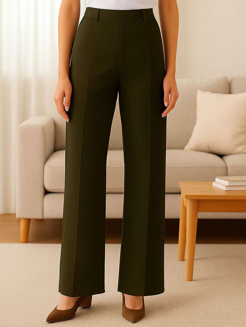 women solid high rise straight trouser