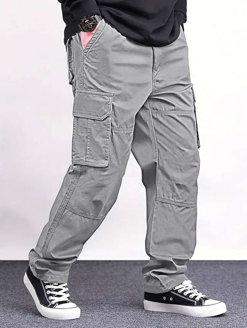 men solid mid rise baggy fit cargo pant