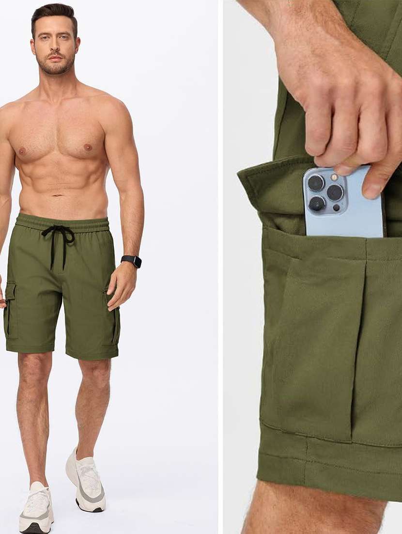 Men Solid Mid Rise Regular Fit Cargo Shorts - 22570640 -  Standard Image - 3
