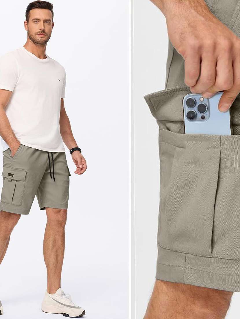 Men Solid Mid Rise Regular Fit Cargo Shorts - 22570642 -  Standard Image - 3