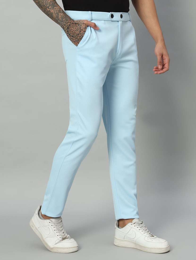 men solid mid rise slim fit flat front trouser
