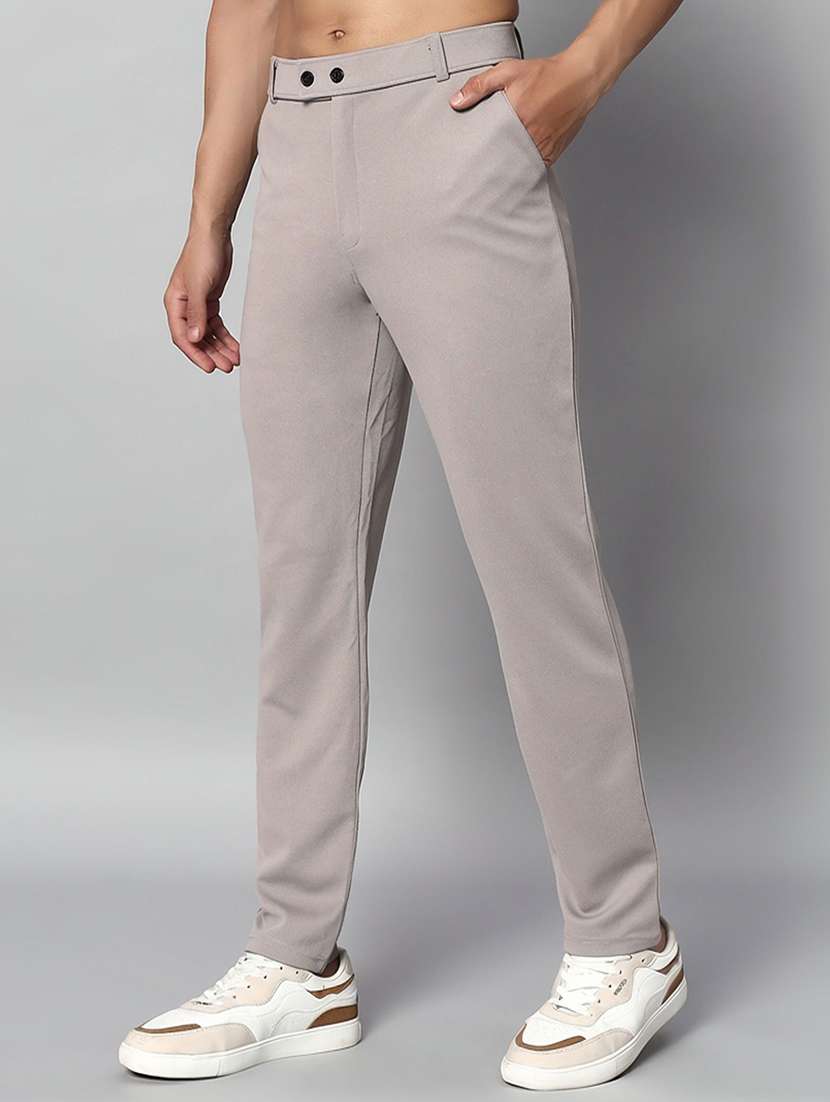 men solid mid rise slim fit flat front trouser