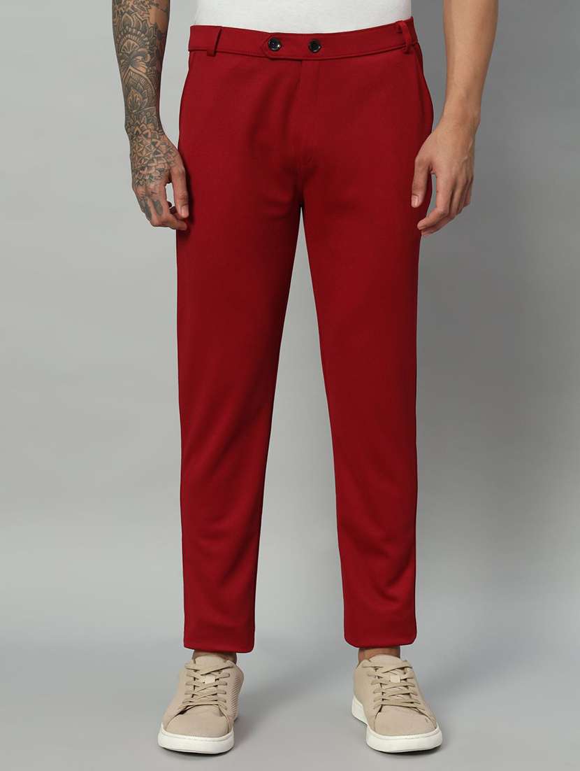 men solid mid rise slim fit flat front trouser