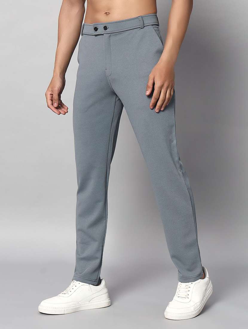 men solid mid rise slim fit flat front trouser