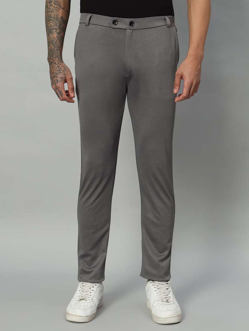 men solid mid rise slim fit flat front trouser