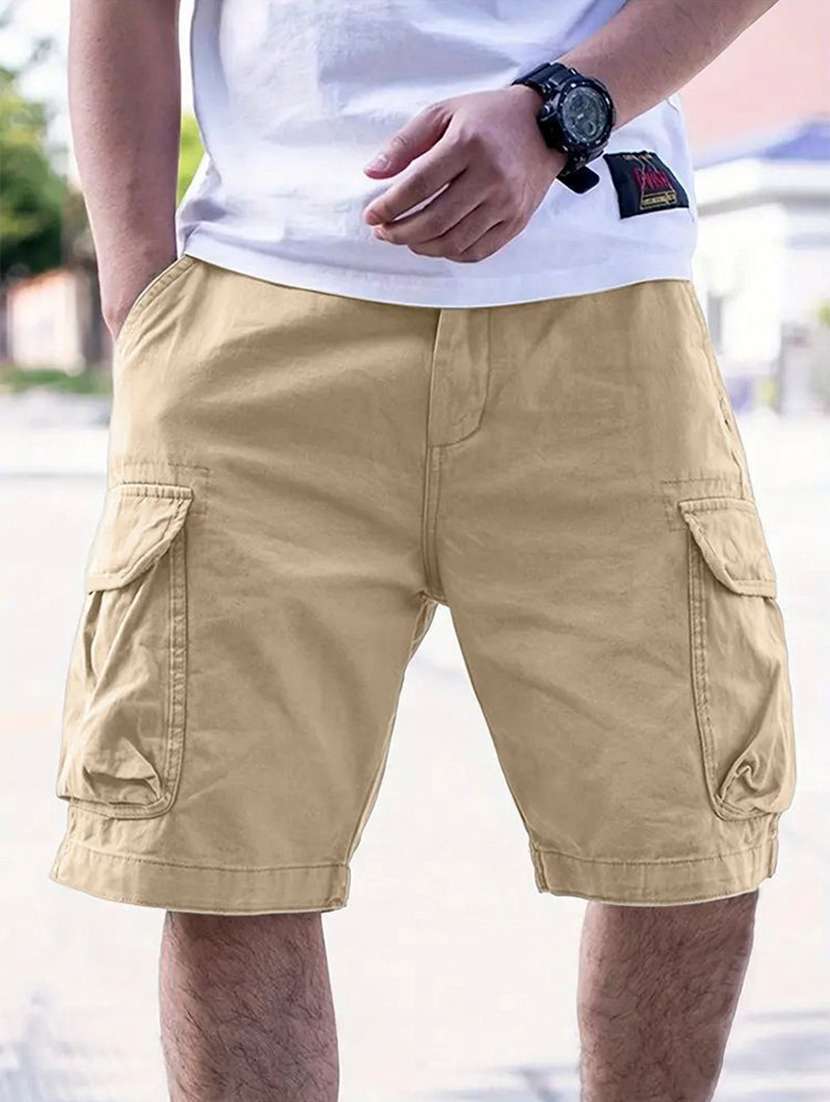 men solid mid rise regular fit cargo shorts
