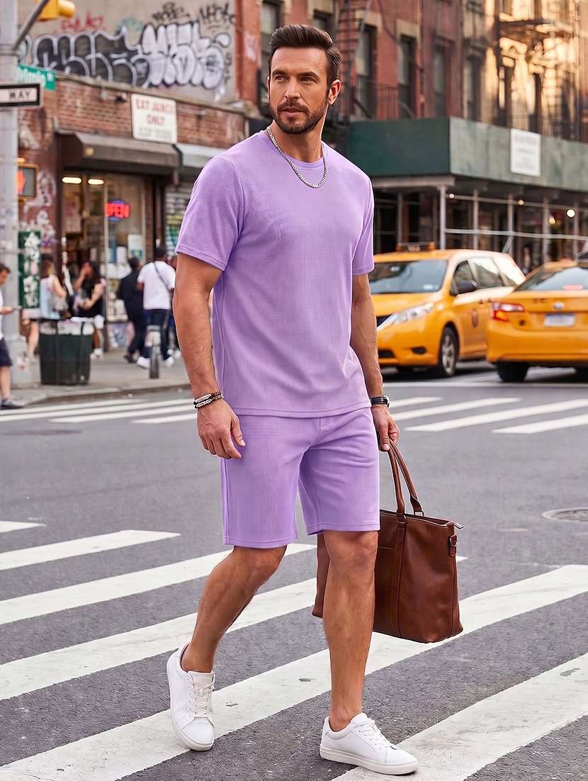 men textured short sleeves t-shirt and shorts co-ord set