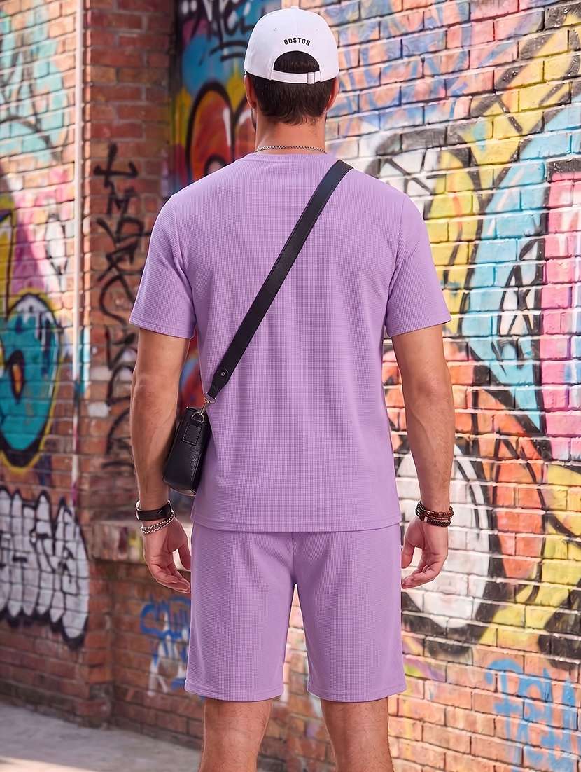 men textured short sleeves t-shirt and shorts co-ord set - 22570912 -  Standard Image - 3
