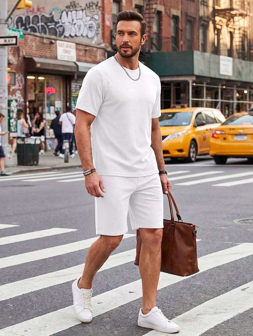 men textured short sleeves t-shirt and shorts co-ord set