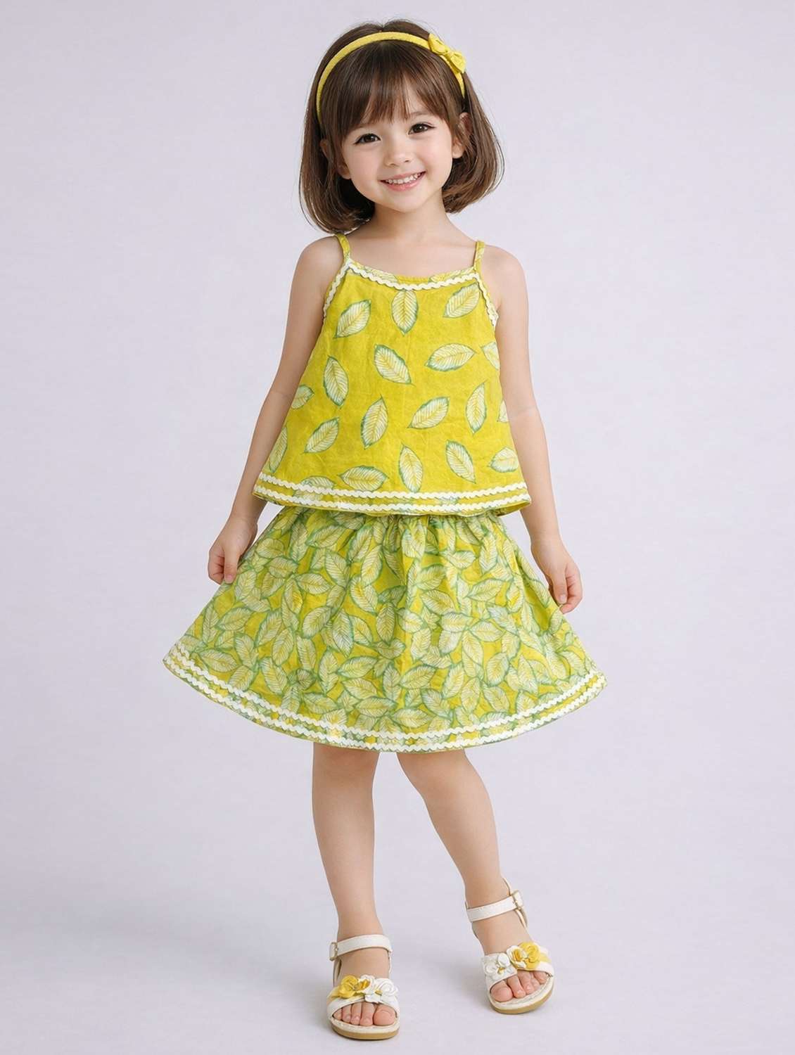 girls printed shoulder strap top and skirt set