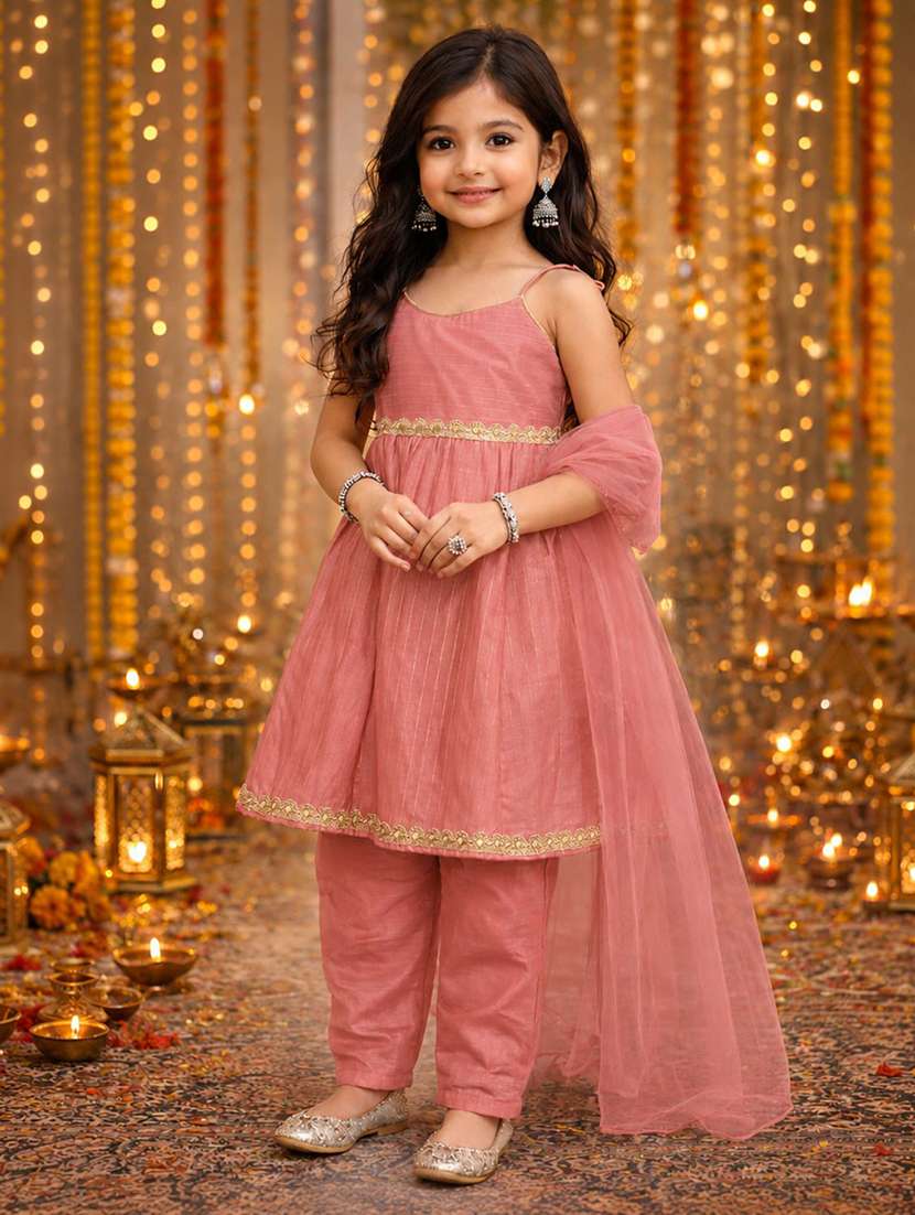 girls self design sleeveless kurta pants set with dupatta