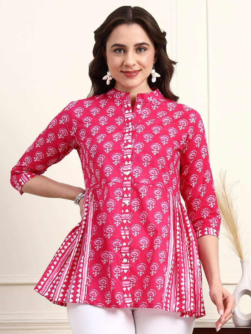 women printed three quarter sleeves a-line kurti