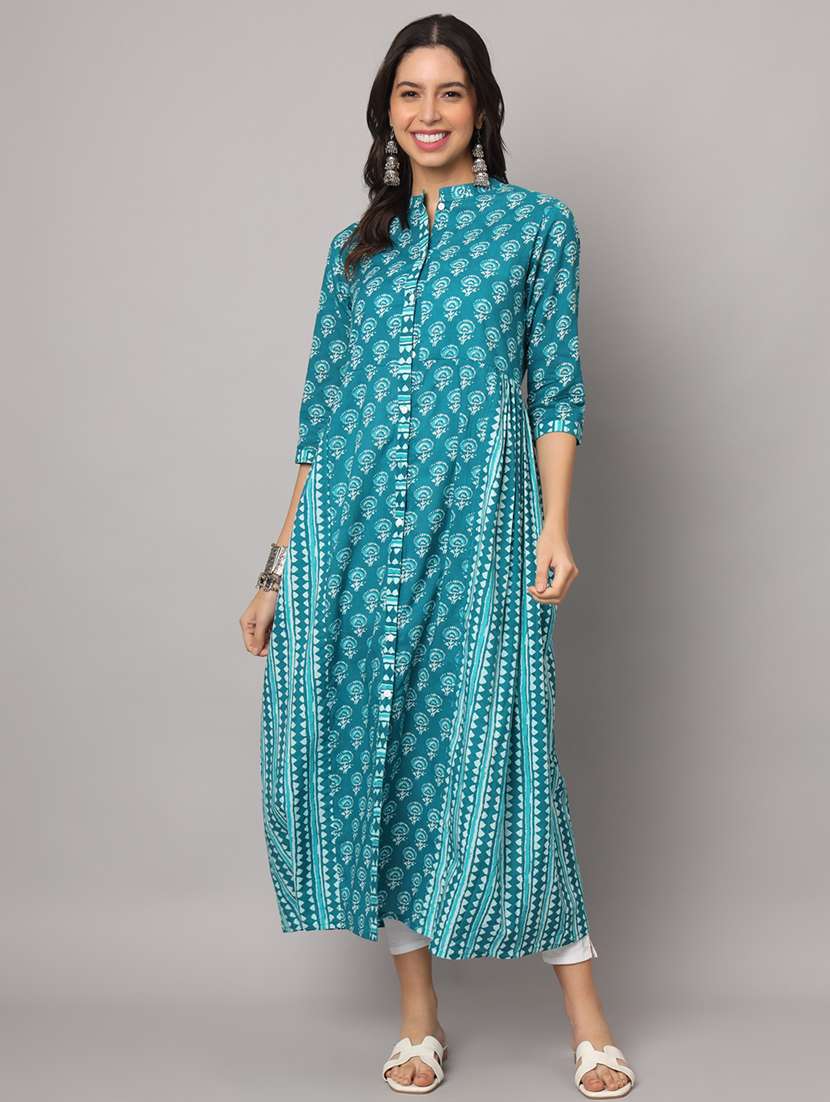 women printed three quarter sleeves a-line kurta