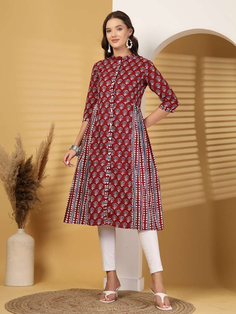 women printed three quarter sleeves a-line kurta