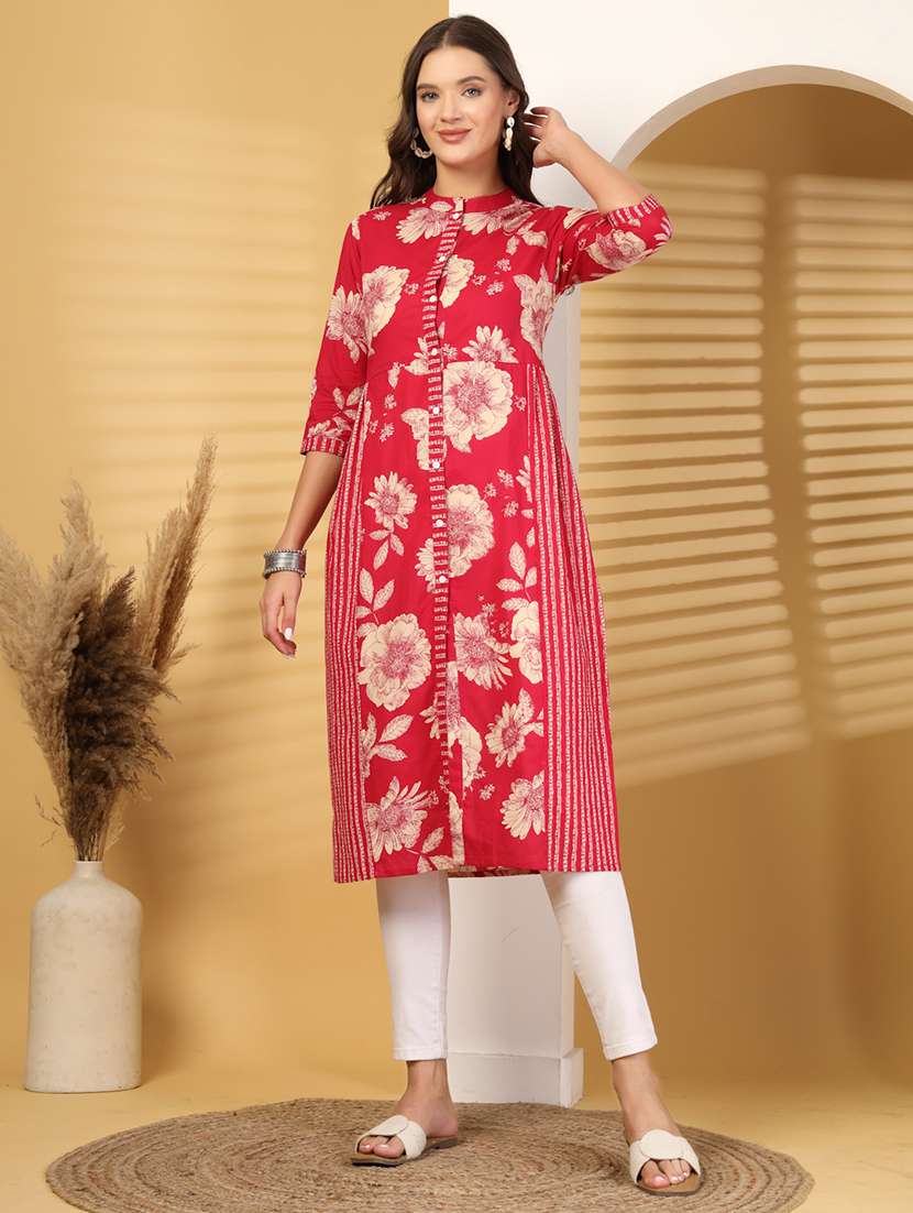 women printed three quarter sleeves a-line kurta