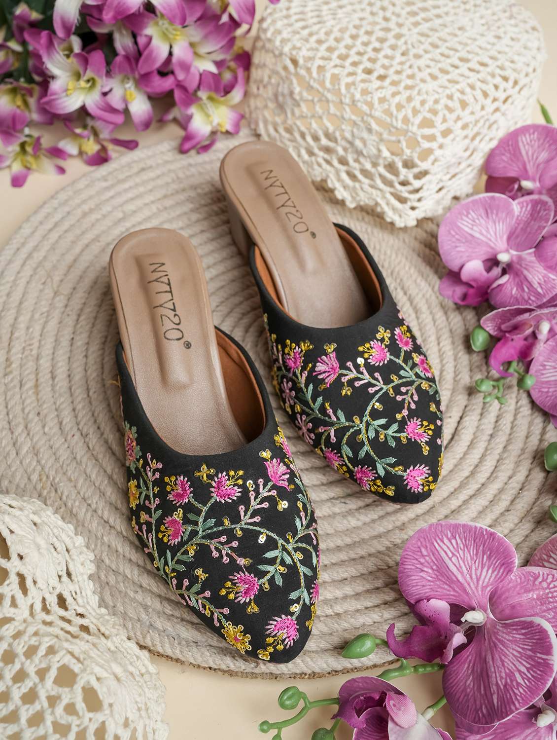 women embroidered slip on mules